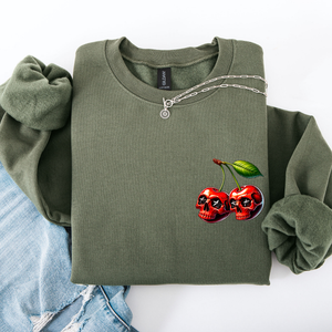 Spooky Skull Cherries Halloween Skeleton Stars Night Sky Ghosts Haunted Festival Scene Sweatshirt — view 4