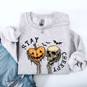 Stay Creepy Halloween Pumpkin Heart Skeleton Cute Bats Spooky Nightfall Gothic Adventure Sweatshirt — view 2