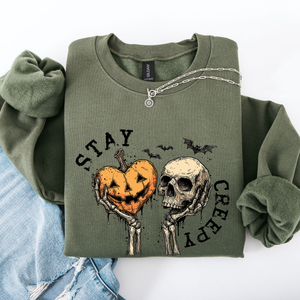 Stay Creepy Halloween Pumpkin Heart Skeleton Cute Bats Spooky Nightfall Gothic Adventure Sweatshirt — view 3