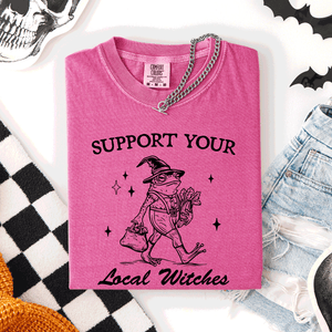 Support Your Local Witches Frog Halloween Witch Spooky Season Graphic Design Edition Comfort Colors Tee — view 2