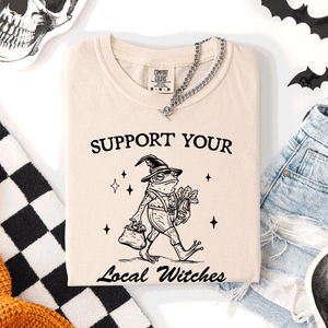 Support Your Local Witches Frog Halloween Witch Spooky Season Graphic Design Edition Comfort Colors Tee — view 1