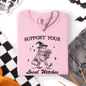 Support Your Local Witches Frog Halloween Witch Spooky Season Graphic Design Edition Comfort Colors Tee — view 3