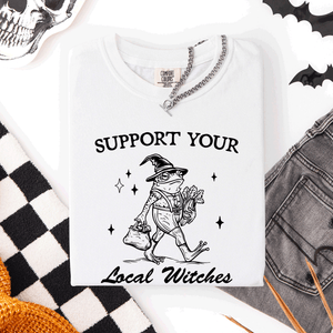 Support Your Local Witches Frog Halloween Witch Spooky Season Graphic Design Edition Comfort Colors Tee — view 10