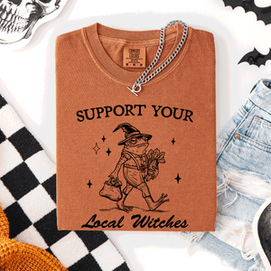 Support Your Local Witches Frog Halloween Witch Spooky Season Graphic Design Edition Comfort Colors Tee — view 4