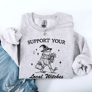 Support Your Local Witches Frog Halloween Witch Design Cozy Autumn Themed Sweatshirt — view 3