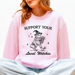 Support Your Local Witches Frog Halloween Witch Design Cozy Autumn Themed Sweatshirt — view 1