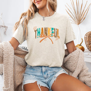 Thankful Fall Autumn Bow Ribbon Harvest Moon Halloween Whimsy Cozy Seasonal Delight Graphic Tee — view 2