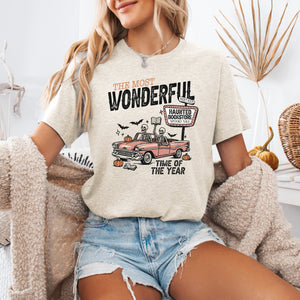 The Most Wonderful Time Of The Year Reading Skeleton Halloween Haunted Library Graphic Tee — view 1