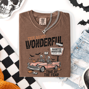 The Most Wonderful Time Of The Year Reading Skeleton Halloween Haunted Library Comfort Colors Tee — view 5