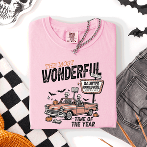 The Most Wonderful Time Of The Year Reading Skeleton Halloween Haunted Library Comfort Colors Tee — view 6