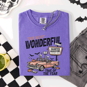 The Most Wonderful Time Of The Year Reading Skeleton Halloween Haunted Library Comfort Colors Tee — view 7