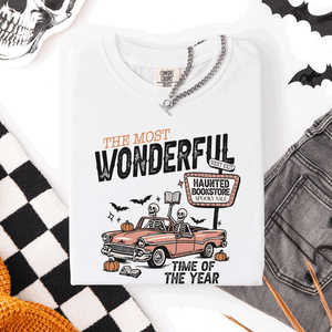 The Most Wonderful Time Of The Year Reading Skeleton Halloween Haunted Library Comfort Colors Tee — view 8