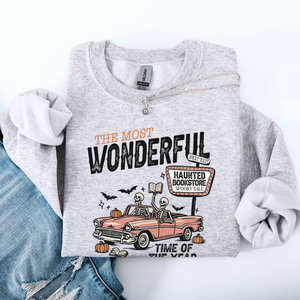 The Most Wonderful Time Of The Year Reading Skeleton Halloween Haunted Library Sweatshirt — view 1