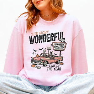 The Most Wonderful Time Of The Year Reading Skeleton Halloween Haunted Library Sweatshirt — view 3