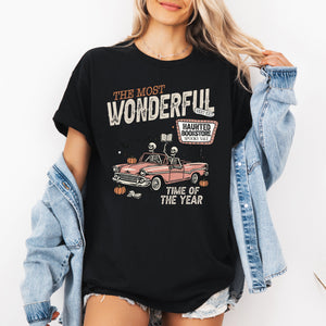 The Most Wonderful Time Of The Year Reading Skeleton Halloween Haunted Library Graphic Tee — view 2