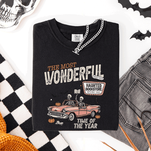 The Most Wonderful Time Of The Year Reading Skeleton Halloween Haunted Library Comfort Colors Tee — view 4
