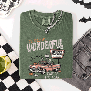 The Most Wonderful Time Of The Year Reading Skeleton Halloween Haunted Library Comfort Colors Tee — view 3