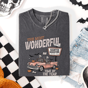 The Most Wonderful Time Of The Year Reading Skeleton Halloween Haunted Library Comfort Colors Tee — view 1