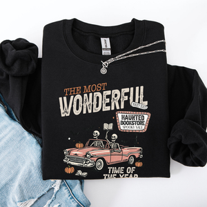 The Most Wonderful Time Of The Year Reading Skeleton Halloween Haunted Library Sweatshirt — view 4