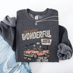 The Most Wonderful Time Of The Year Reading Skeleton Halloween Haunted Library Sweatshirt — view 2
