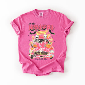 The Most Wonderful Time Of The Year Reading Skeletons Halloween Comfort Colors Tee — view 3