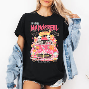 The Most Wonderful Time Of The Year Reading Skeletons Spooky Halloween Graphic Tee — view 1