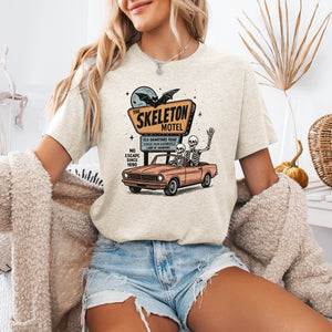 The Skeleton Motel Spooky Halloween Scene With Haunting Motel Vibes Limited Edition Collectible Print Graphic Tee — view 2