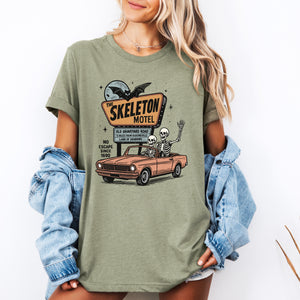 The Skeleton Motel Spooky Halloween Scene With Haunting Motel Vibes Limited Edition Collectible Print Graphic Tee — view 3