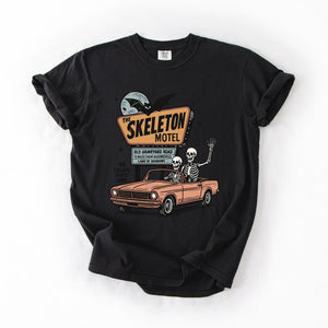 The Skeleton Motel Reading Skeletons Spooky Halloween Graphic Comfort Colors Tee — view 7