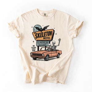 The Skeleton Motel Reading Skeletons Spooky Halloween Graphic Comfort Colors Tee — view 3
