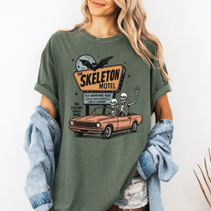 The Skeleton Motel Reading Skeletons Spooky Halloween Graphic Comfort Colors Tee — view 2