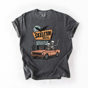 The Skeleton Motel Reading Skeletons Spooky Halloween Graphic Comfort Colors Tee — view 4