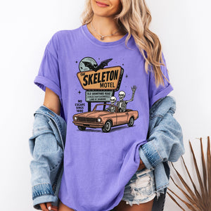 The Skeleton Motel Reading Skeletons Spooky Halloween Graphic Comfort Colors Tee — view 9