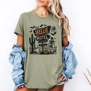 The Skellie Motel Graphic Tee Featuring Skeleton Halloween Artwork Perfect For Spooky Season — view 1