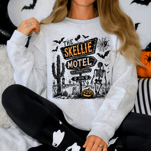 The Skellie Motel Skeleton Halloween Night Haunting Edition With Spooky Vibes And Retro Motel Aesthetic Sweatshirt — view 2