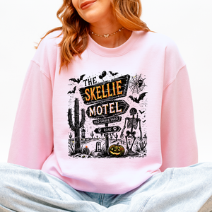 The Skellie Motel Skeleton Halloween Night Haunting Edition With Spooky Vibes And Retro Motel Aesthetic Sweatshirt — view 3