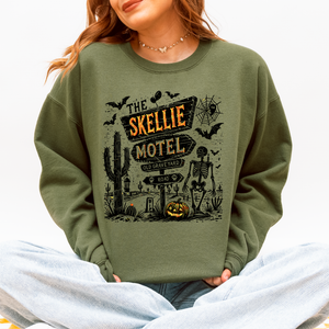 The Skellie Motel Skeleton Halloween Night Haunting Edition With Spooky Vibes And Retro Motel Aesthetic Sweatshirt — view 5