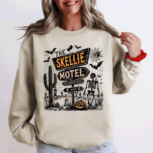 The Skellie Motel Skeleton Halloween Night Haunting Edition With Spooky Vibes And Retro Motel Aesthetic Sweatshirt — view 1