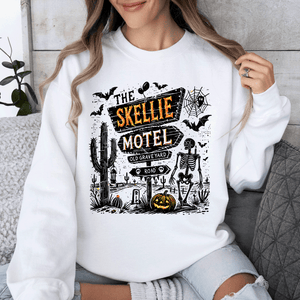The Skellie Motel Skeleton Halloween Night Haunting Edition With Spooky Vibes And Retro Motel Aesthetic Sweatshirt — view 6