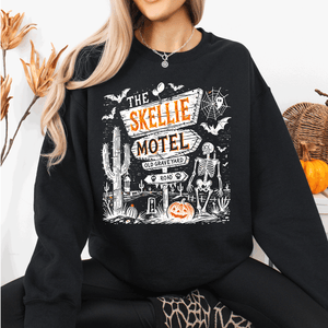 The Skellie Motel Skeleton Halloween Night Haunting Edition With Spooky Vibes And Retro Motel Aesthetic Sweatshirt — view 9
