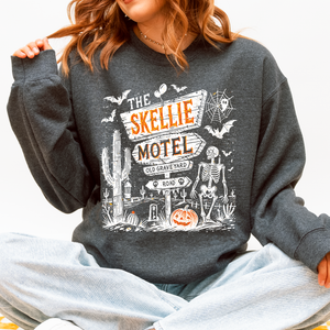 The Skellie Motel Skeleton Halloween Night Haunting Edition With Spooky Vibes And Retro Motel Aesthetic Sweatshirt — view 4