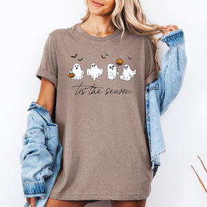 Tis The Season, Cute Ghosts, Halloween Night Parade With Spooky Fun Faces Graphic Tee — view 1