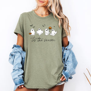 Tis The Season, Cute Ghosts, Halloween Night Parade With Spooky Fun Faces Graphic Tee — view 3