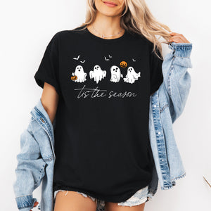 Tis The Season, Cute Ghosts, Halloween Night Parade With Spooky Fun Faces Graphic Tee — view 4