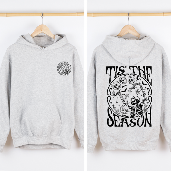 Tis The Season Spooky Skeleton Pink Ribbon Lace Front And Back Halloween Graphic Hoodie