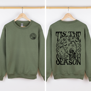 Tis The Season Front And Back Spooky Skeleton Graphic Halloween Holiday Sweatshirt — view 5