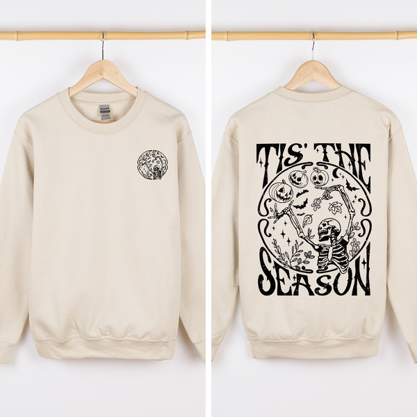 Tis The Season Front And Back Spooky Skeleton Graphic Halloween Holiday Sweatshirt