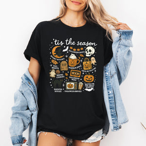 Tis The Season Halloween Skeleton Black Cat Witch Ghost Pumpkin Festive Graphic Tee — view 3