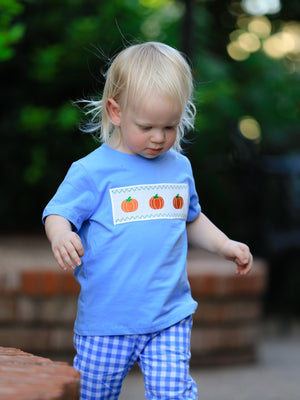 Fall Thanksgiving& Halloween Blue Pumpkin Smock Embroidery Baby Boy'Set — view 2