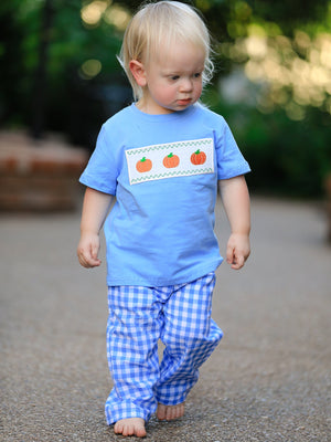 Fall Thanksgiving& Halloween Blue Pumpkin Smock Embroidery Baby Boy'Set — view 1
